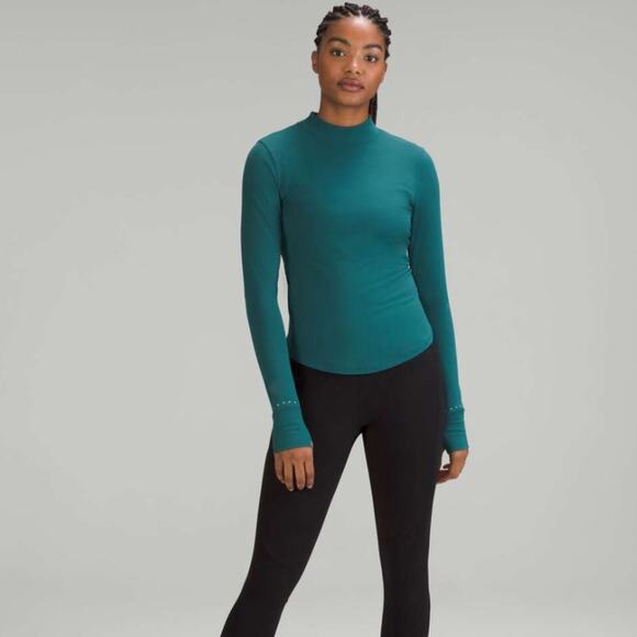 LULULEMON Rulu Running Long-Sleeve Mock Neck Shirt Green Jasper Sz 14 {OO49} - Picture 1 of 8